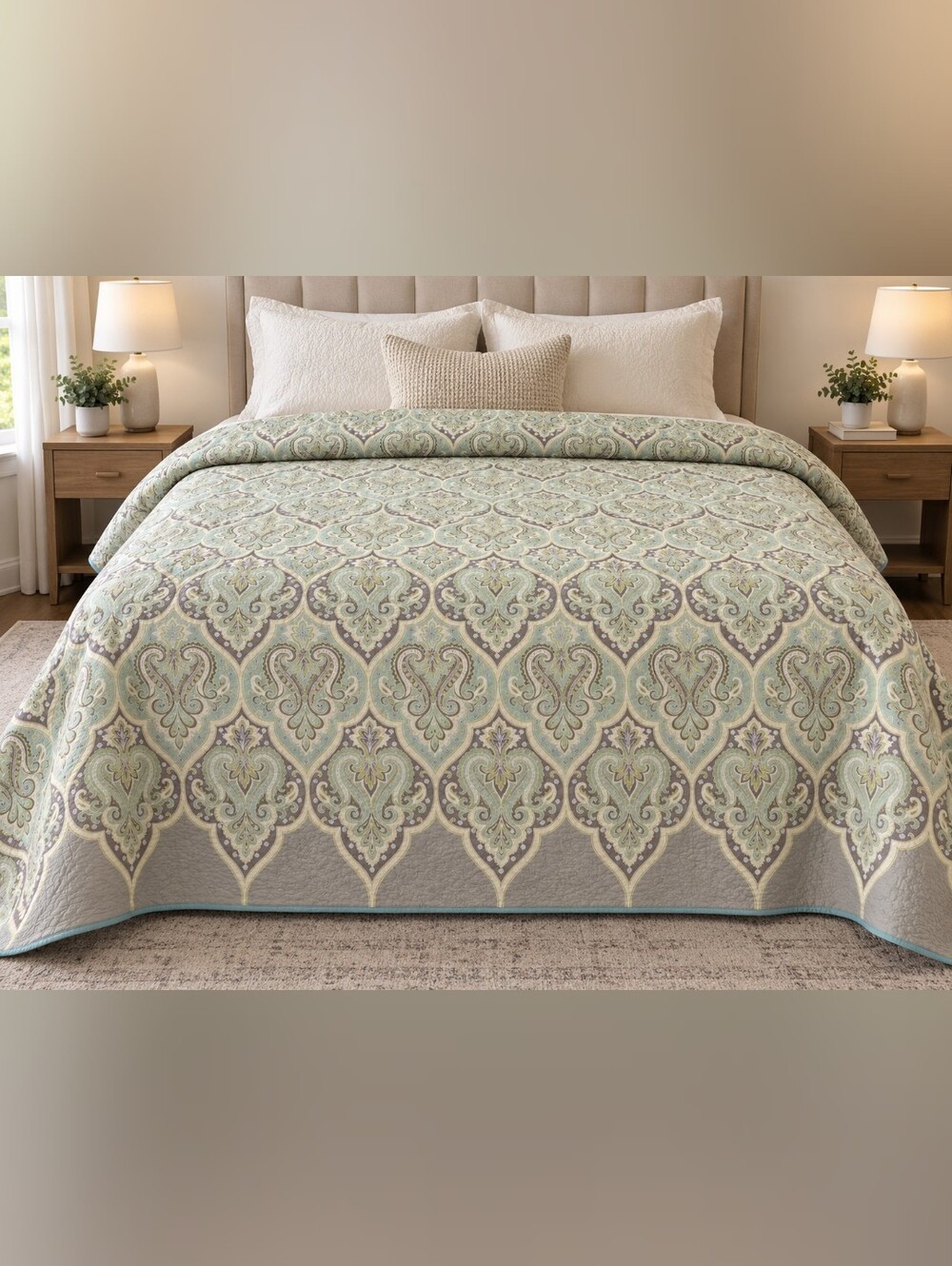 Soft Paisley Quilted Bedspread in Sage Green by